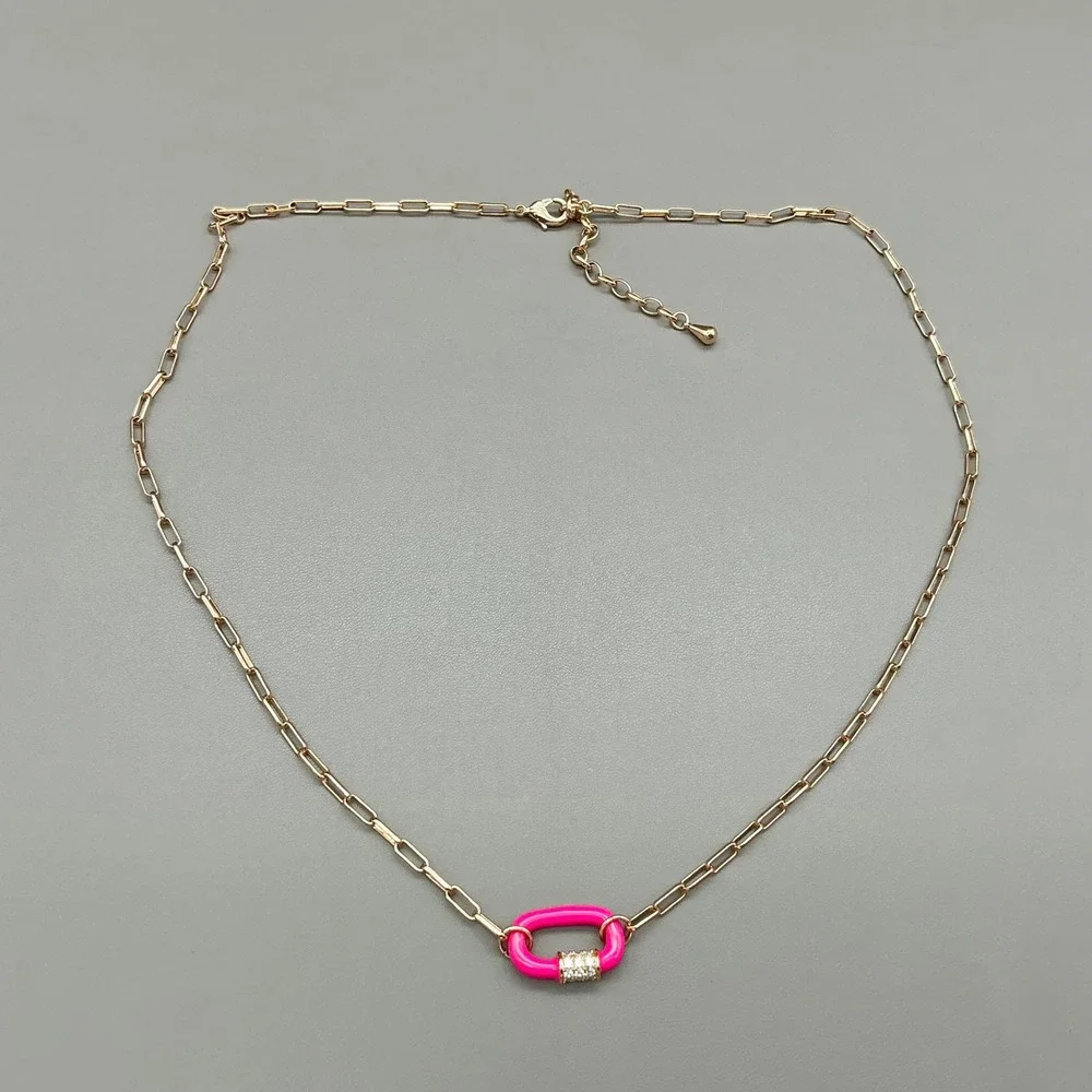 Bomb Party Necklace Gold Tone Paperclip Chain Pink Carabiner CZ Pendant 18-20